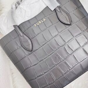 Furla Croc-Embossed Tote in Gray with Gold Logo